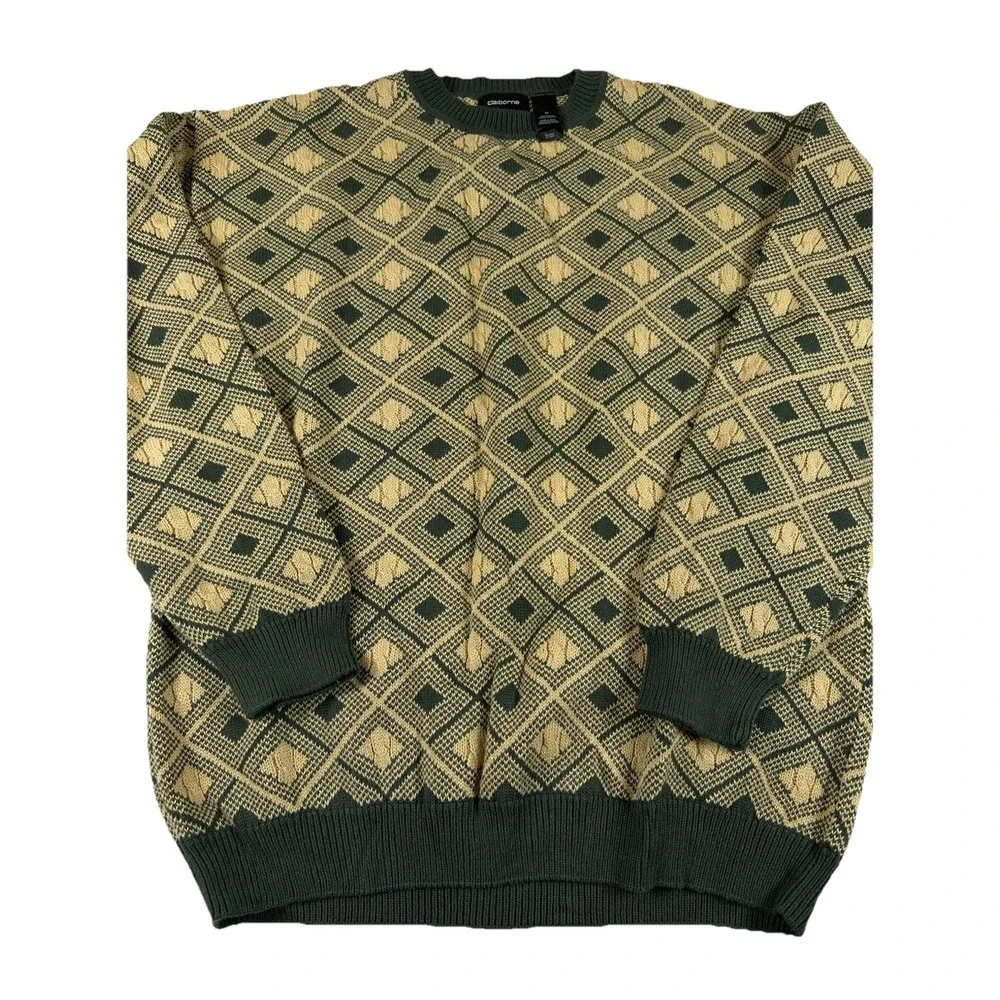 Vtg 90s CLAIBORNE Green Tan Argyle Diamond Crew Sweater Grunge Gpa Academia Sz M